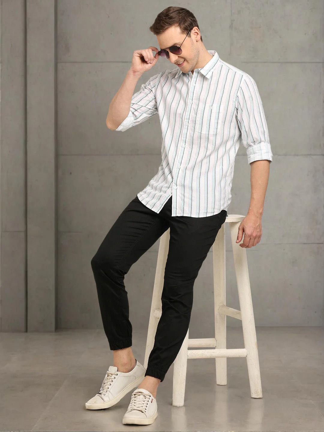 Indian Terrain Men's Slim Fit Full Sleeve Striped White Shirt